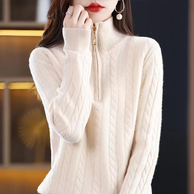 Women's Pullover Sweater for Autumn and WinterThick Half-High Neck Solid Color Knitwear Loose Casual Knit Top