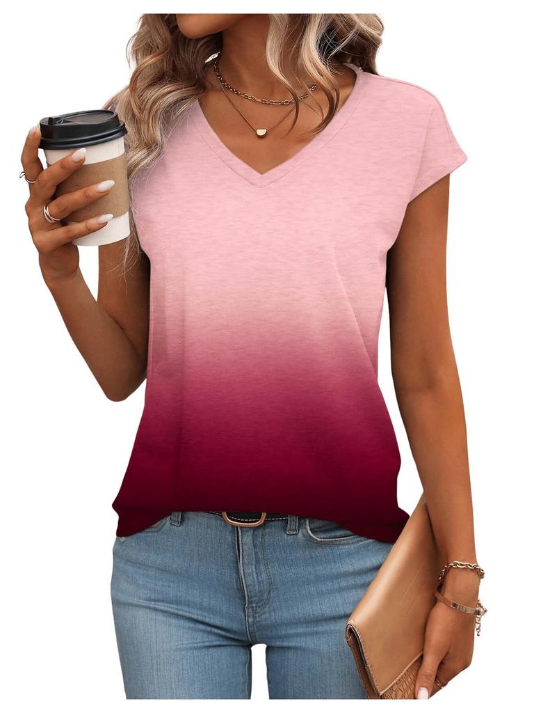Summer Fashion Gradient 3D Print T-Shirts Women's V-Neck Short Sleeve T Shirt Y2K Tee Oversized Harajuku Tops Female Clothing