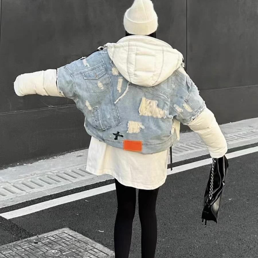 Winter down jacket new European trendy brand denim splicing women's short hooded contrasting color splicing sweet drunk jacket