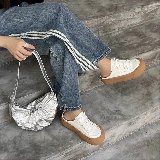 Baotou Half Slippers Women's Little White Shoes No Back Heel Retro Thick Soled Board Shoes