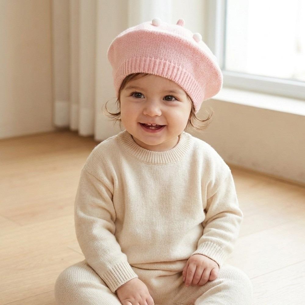 Soft Kids Knitted Beret Hat Solid Color Painter Cap Cute Pom Pom Beanie Infant