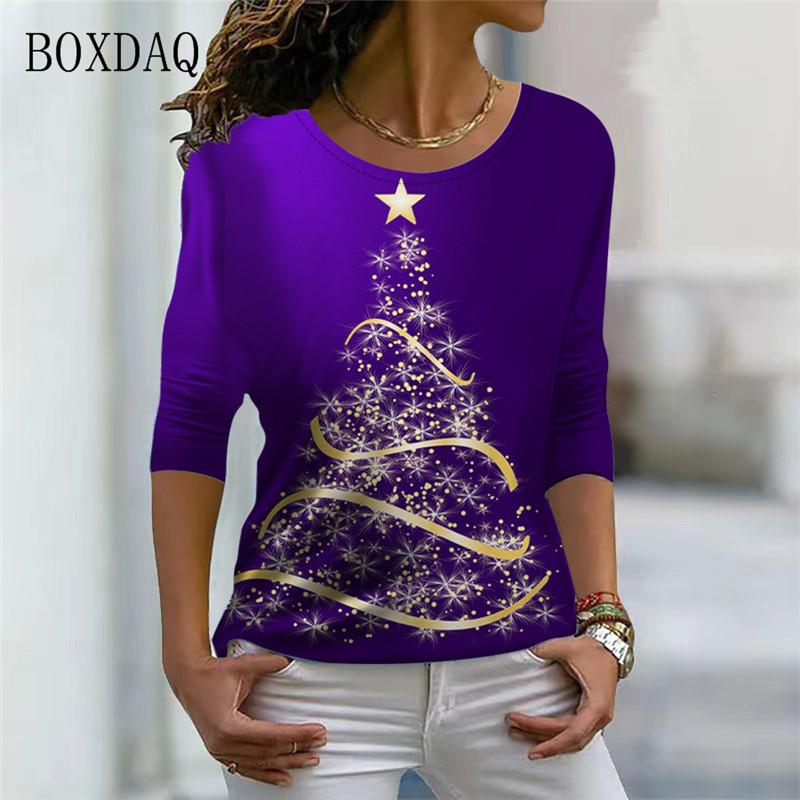 Christmas Tree Pattern Women 3d T-shirts Long Sleeve Christmas Style Street Fashion Ladies Tees Casual Cotton Tops Merry Year
