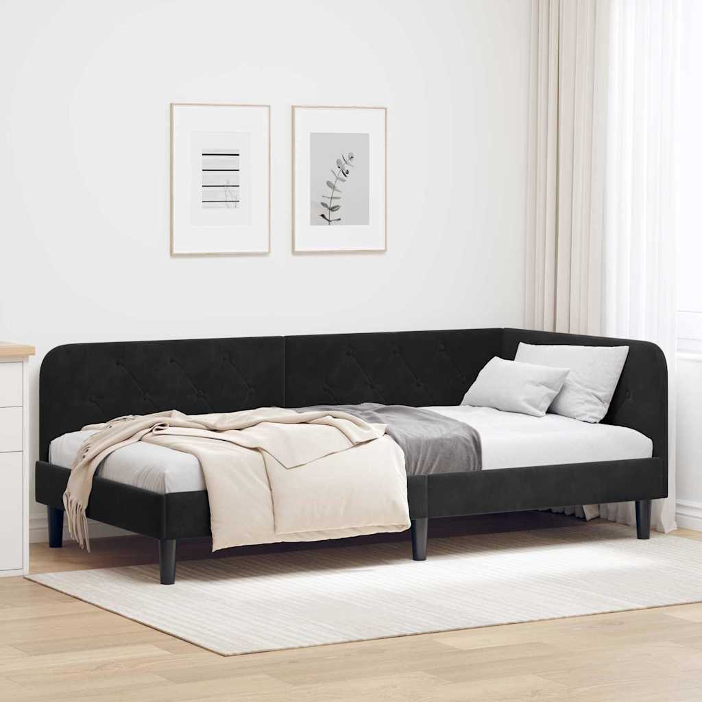 L Shaped Bed Frame Black 90 x 190 cm Velvet