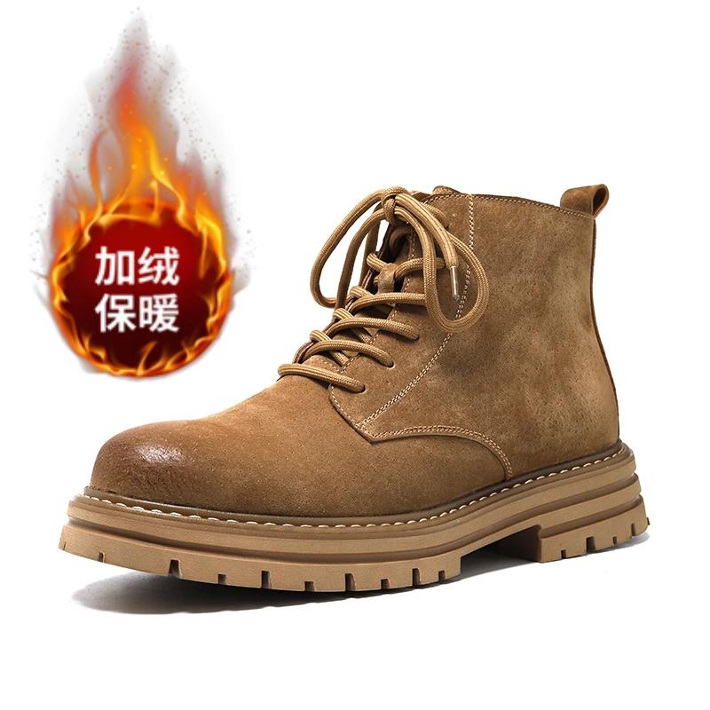 2024 Autumn and Winter Top Layer Cowhide High Top Boots Men's Boots English Style Short Boots Genuine Leather Plush Yellow Boots