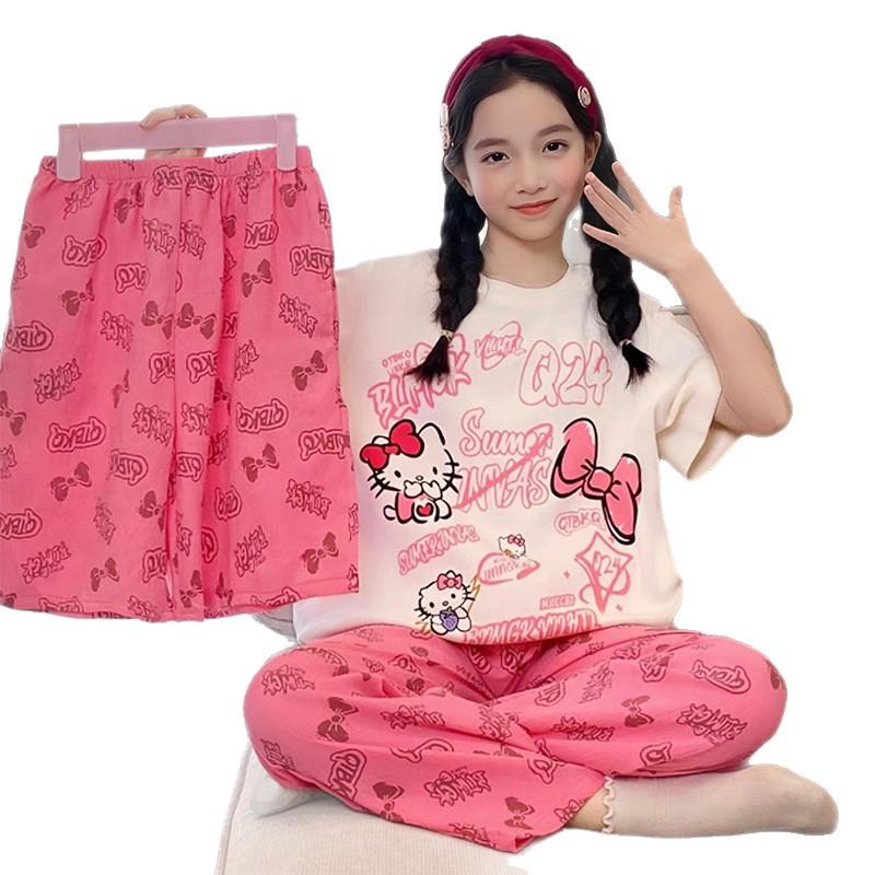 Kids' Cute Cartoon Princess Pajama Set - Summer Short Sleeve, Airy Three-Piece for Girls