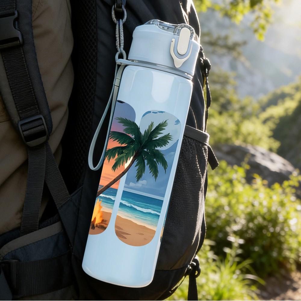 1PC Camper Van Tropical Coast Print 750ml Color Plastic Sports Water Bottle Leakproof Flip Straw Lid Suitable for Sports Office Home Use