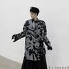 Le Sucood Monochrome Mosaic Japanese Style Shirt Long Long Shirt Loose Casual Japanese Long Street Mode Harajuku Blue Letter Style Cardigan, Shirt,
