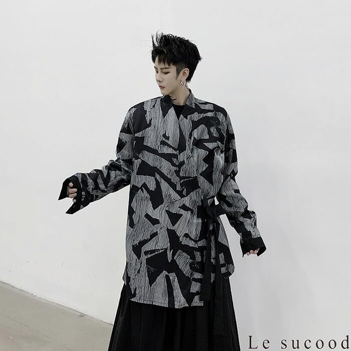 Le Sucood Monochrome Mosaic Japanese Style Shirt Long Long Shirt Loose Casual Japanese Long Street Mode Harajuku Blue Letter Style Cardigan, Shirt,