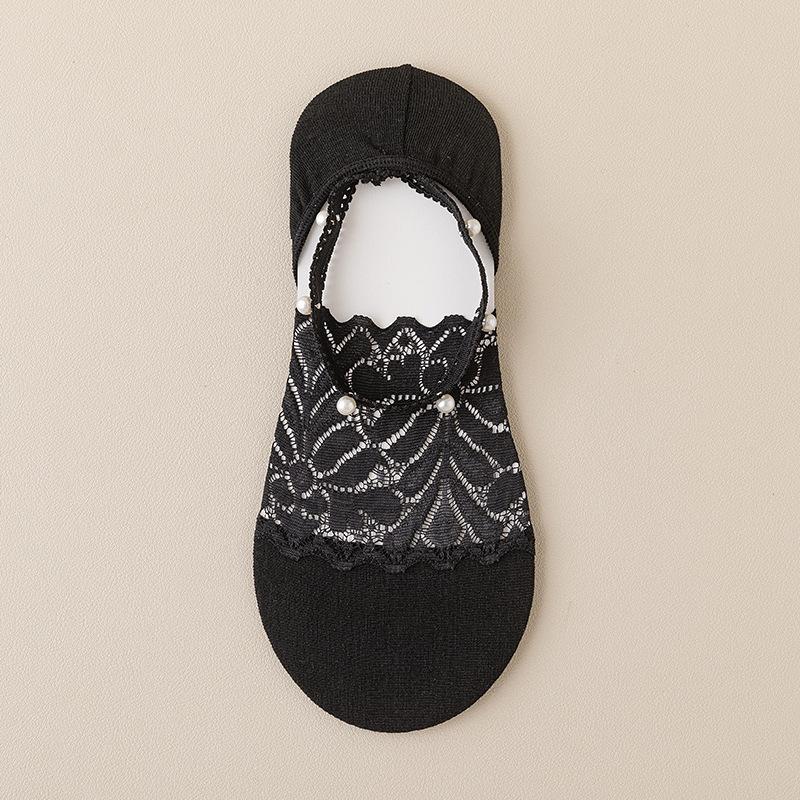 Female Spring and Summer Thin Lace Pearl Shallow Mouth Anti Slip Anti Take Off with Mesh Invisible Halter Boat Socks