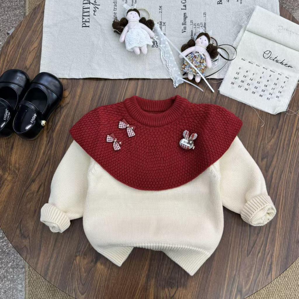 Girl's Red Rabbit Bow Ruffle Knit Sweater - Round Neck, Autumn/Winter Collection