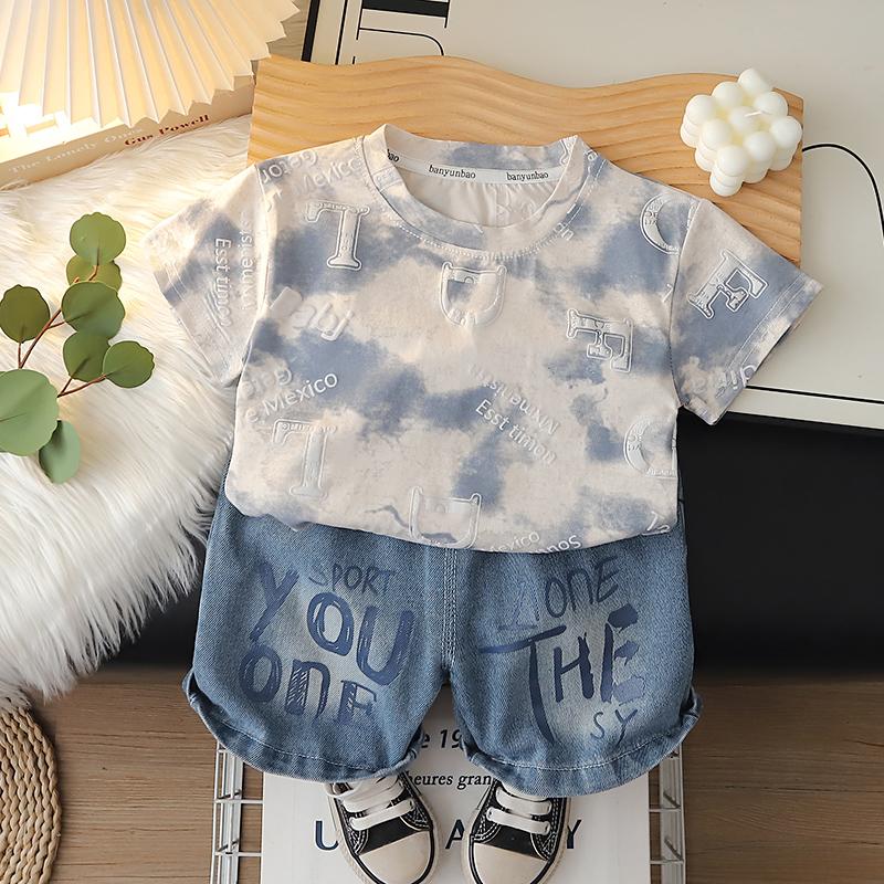 Boys' short sleeved set summer Children's round neck printed T-shirt+casual denim shorts Boys' high-quality clothes