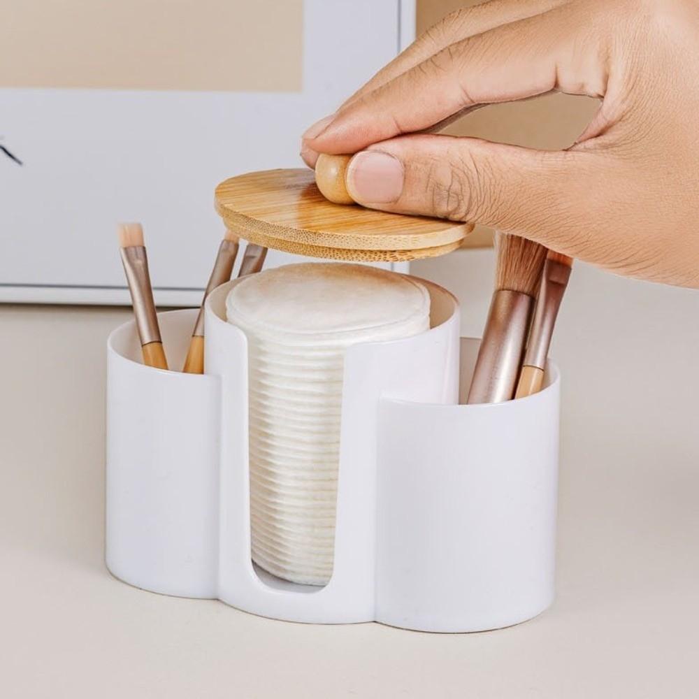 3-in-1 Design Cotton Round Pad Holder Plastic Multi-Functional Cotton Swab Box Bamboo Lids Dustproof Makeup Organizer Home Use