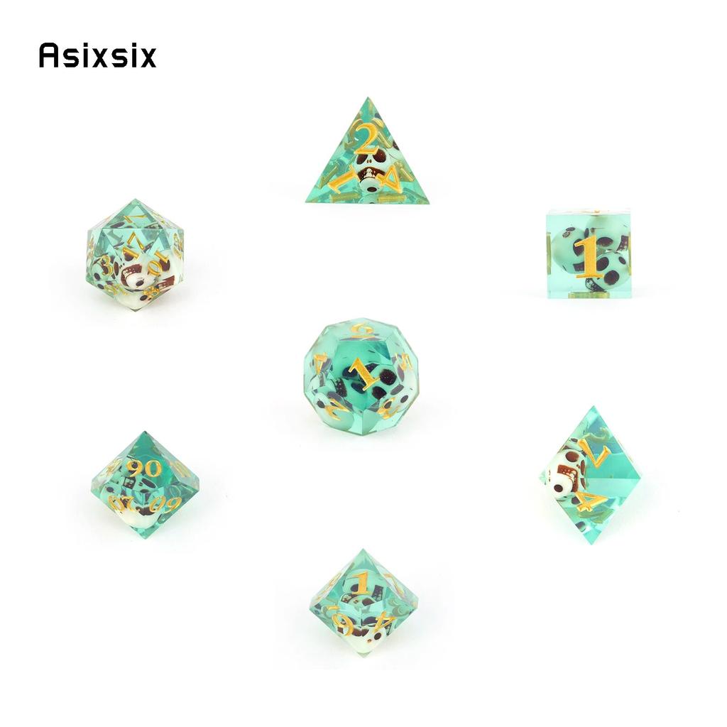 7 Pcs Green Skull Resin Golden Number Sharp Edge Dice Polyhedral Dice Suitable for Role-Playing RPG  Board Game Card Game
