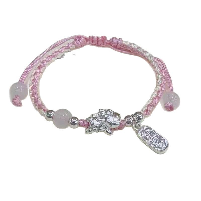 Sterling Silver Colorful Four-Strand Braided Bracelet:  Get Rich Soon  Peace  Joy Card Women s Hand-woven Style. розовый