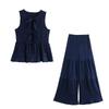 Kaslead New Arrival Women's Clothing Fashion Style Fashion Simple Lace Vest Casual Flared Pants Two-piece Set