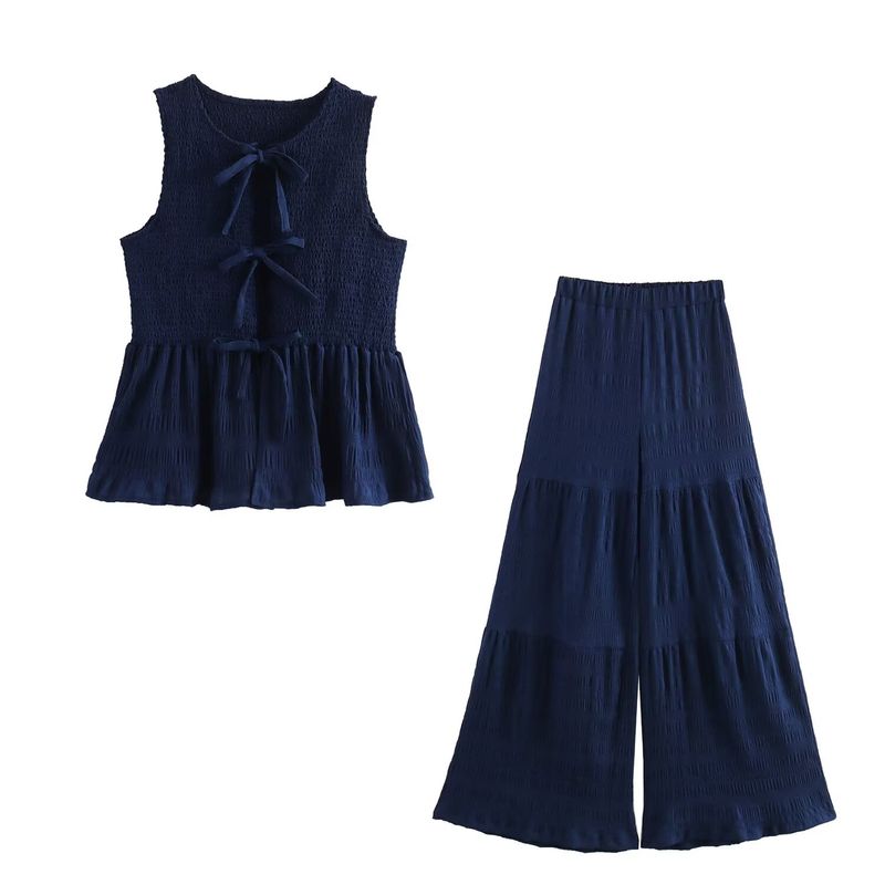 Kaslead New Arrival Women's Clothing Fashion Style Fashion Simple Lace Vest Casual Flared Pants Two-piece Set