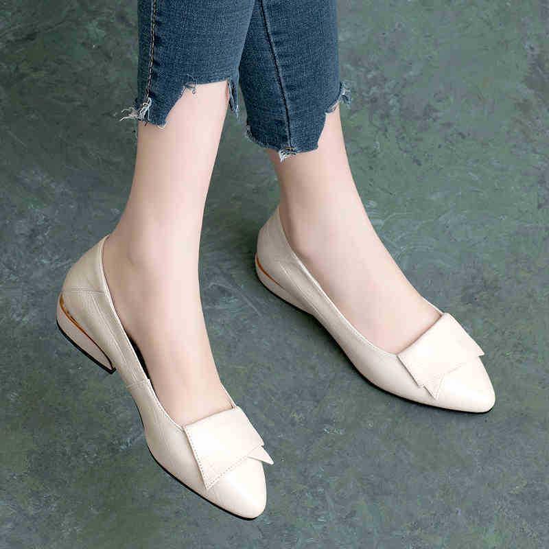 Women's Flat Shoes - New Spring & Autumn Collection, Shallow Thick Heel, Pointed Toe, Soft Leather & Sole, Versatile Work Shoes