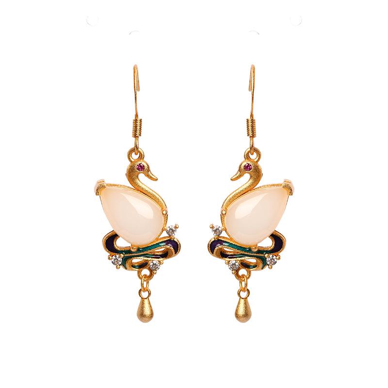 Xiaohongshu Blogger's Cold Enamel Imitation Jade Swan Earrings - Niche High-End Cheongsam Jewelry Design