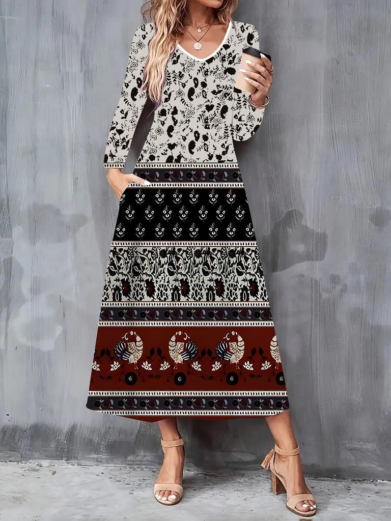 2025 Autumn and Winter New Women Casual Fashion Dress 3D Retro Totem Print Long Sleeve V-Neck A-Line Dresses