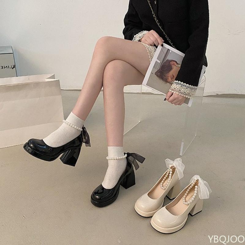 French pearl Women's high heels Mary Jane shoe Bow buckle thick heel shoes Ladies sexy elegant banquet shoes Mujer De