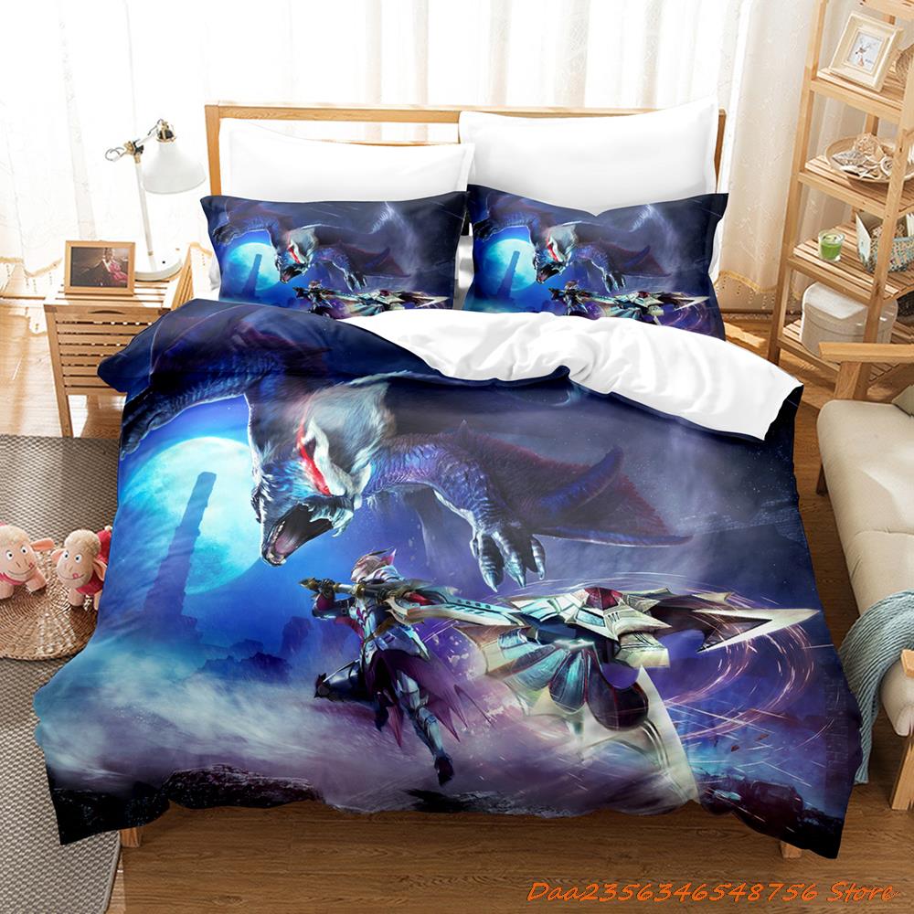 Comforter Personelity Monster Hunter Rise Bedding Set Cartoon Anime Three-Piece Set Adult Kid Bedroom Three-Piece Suits 3D Game Monst