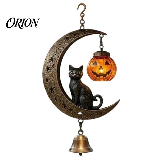 Spooky Yard Decoration Black Cat Moon Wind Chime, Gothic On Crescent Bell Holiday Gift for Home with Pumpkin Lantern, Halloween Hanging Ornament Porch