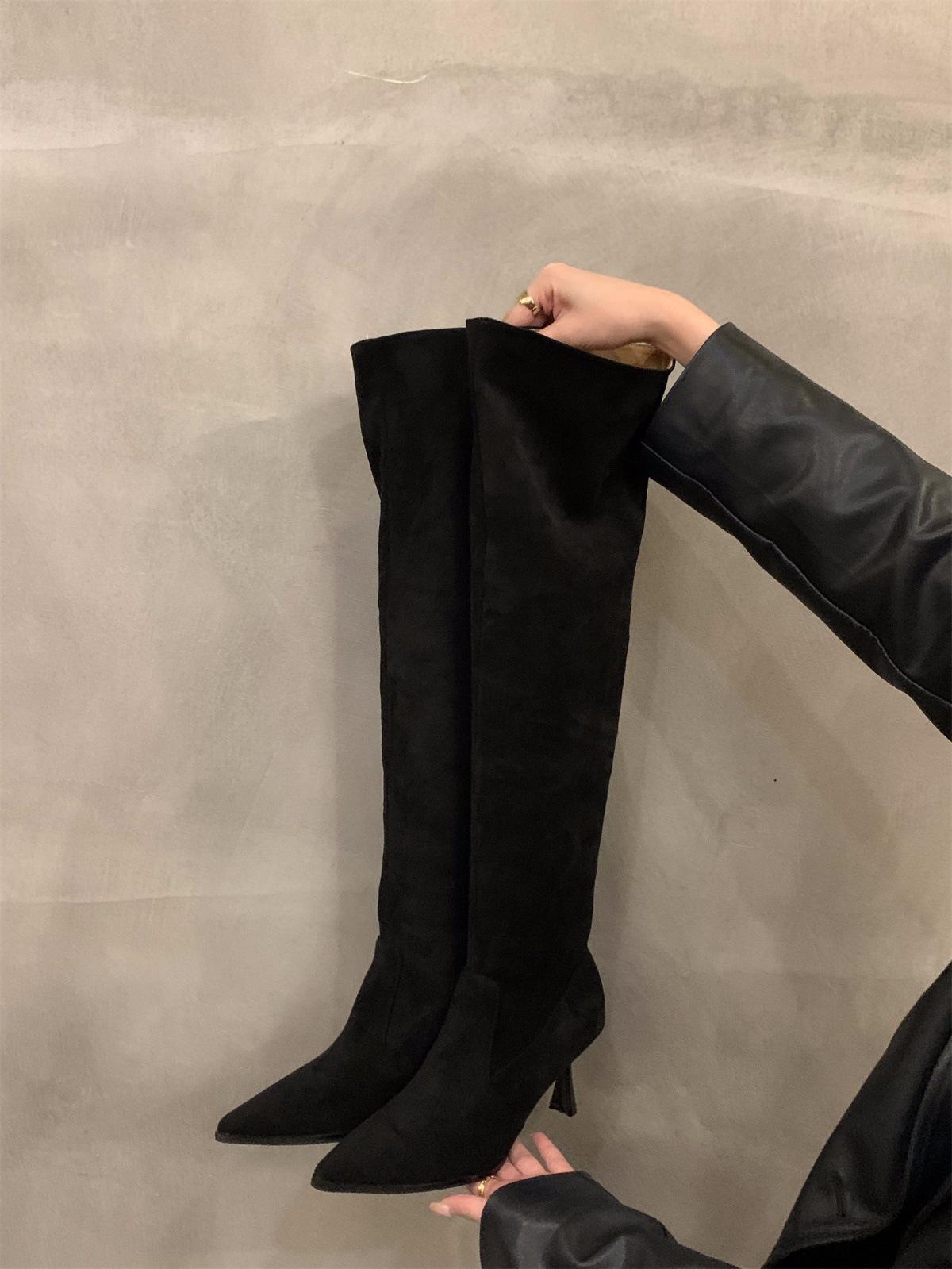 

Женские сапоги-ботфорты на высоком каблуке цвета хаки, обувь 2025, новая осенне-зимняя коллекция, остроносые сапоги-чулки на тонком каблуке, сапоги-рыцари с длинным голенищем 35 чёрный