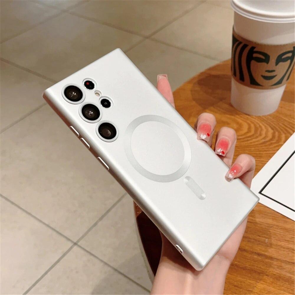 Luksusowe matowe magnetyczne etui na telefon do Samsung Galaxy S24 Ultra S23 FE ładowanie bezprzewodowe szklana ochrona obiektywu miękka, odporna na wstrząsy obudowa