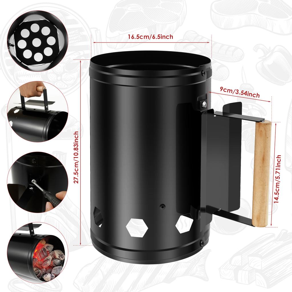 Charcoal Chimney Starter with Wood Handle Rapid BBQ Chimney Starter Fire Briquette Starters Can Canister for Grilling Accessory