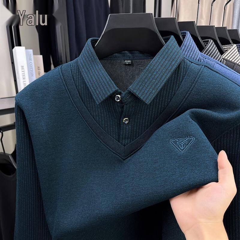 Yalu Men's Fleece-Lined Thermal Knit Sweater with Mock Layer Design