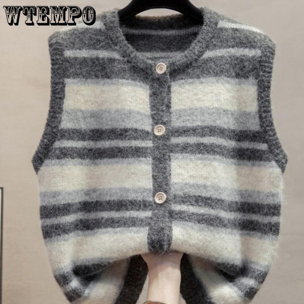 Striped Round Neck Knitted Vest for Women Autumn and Winter Loose Outer Knitted Vest Sweater