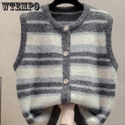 Gestreifte Rundhals Strickweste für Damen Herbst und Winter Lockerer Strickwestenpullover