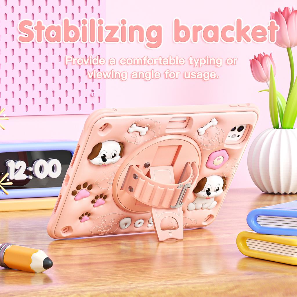 For iPad Pro 11 (2025)/11 (2024) Case with Shoulder Strap Kickstand Cute Dog PC+Silicone+TPU Tablet Cover