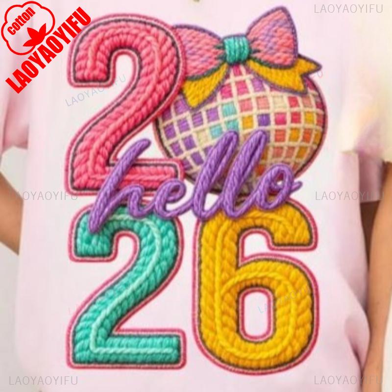 Faux Yarn Hello 2026 Happy Trendy New Years Eve Pink Teal Disco Glitter Coquette Bow Simple Allmatch DTF PRINT Graphic Tshirts S