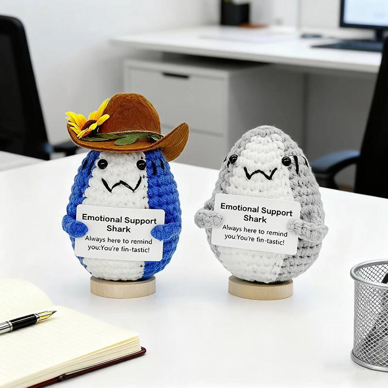 Funny Crochet Positive Energy Cowboy Hat Shark Doll With Card Home Room Decoration New Handmade Knitted Shark Ornament Gift