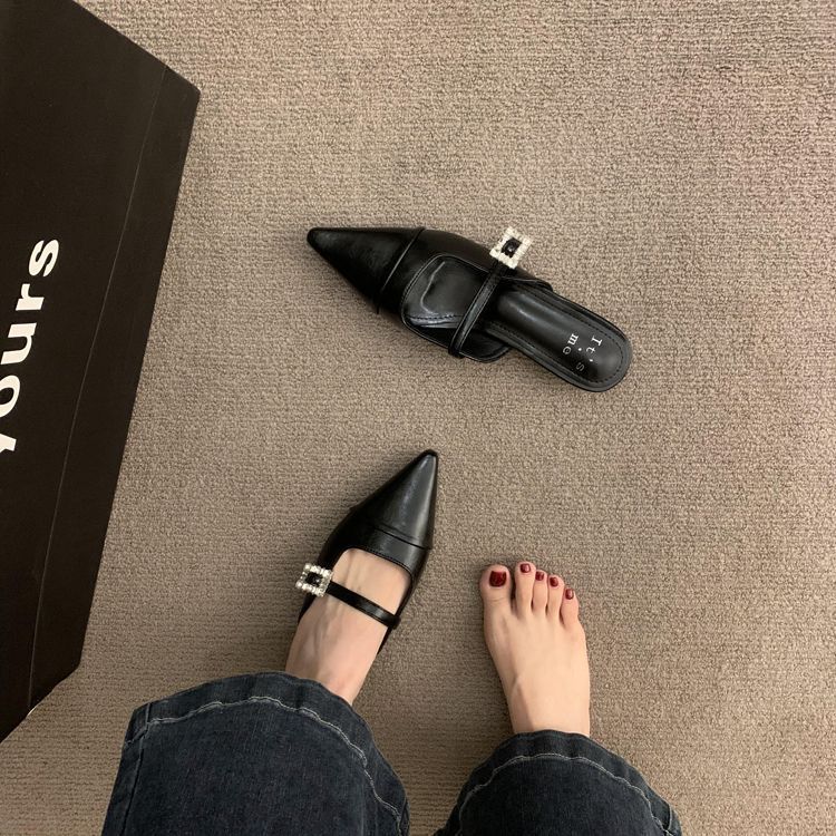 2025 spring and autumn new thick heel bag head half slippers outer wear women's shoes one pedal pointed Mary Jane silver shoes