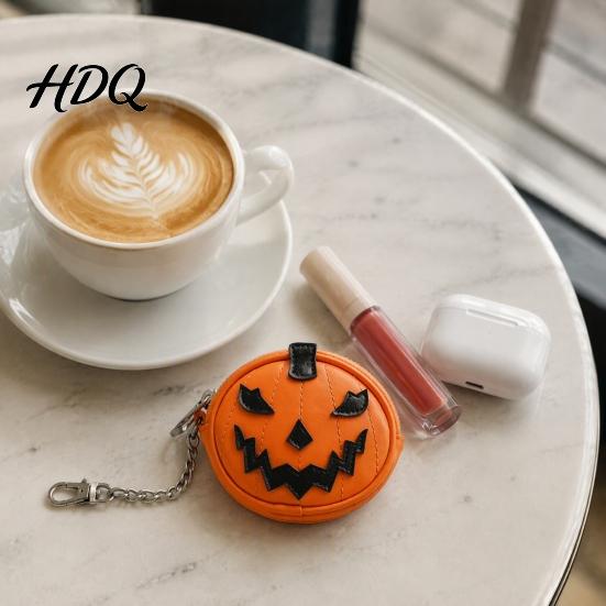 Halloween Accessory for Women Mini Coin Purse Keychain Pumpkin Wallet Bag Charm Faux Portable Headphone Organizer Leather Small Change Card Holder,