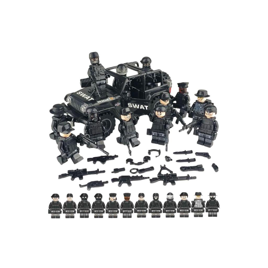 Blocs de construction militaires noirs, 12 pièces, jouets de construction antidéflagrants SWAT Jeep SUV