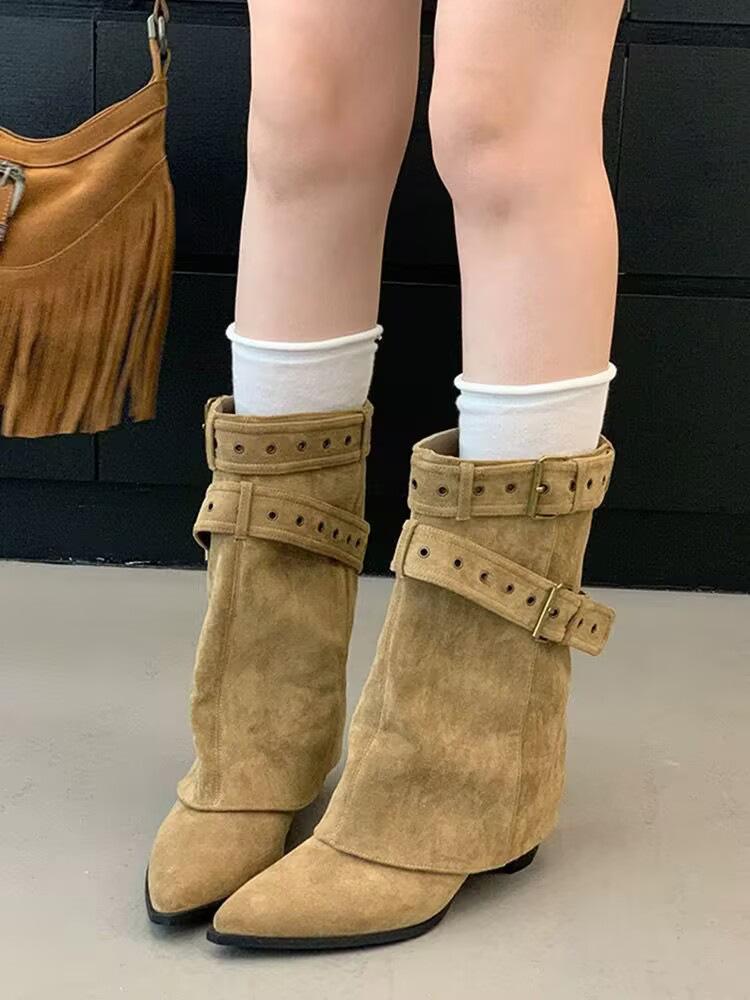 Cowhide version~ Spice Girls Pants Short Boots Women's Coarse Heel Maillard Medium Boots Temperament Pointed Skinny Knight Martin Boots