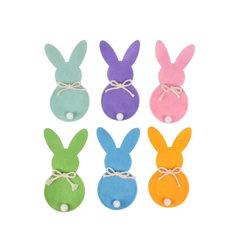 6Pcs Easter Bunny Felt Cutlery Holder Bag Happy Easter Decorations for Rabbit Tableware Knife Fork Cover Bag Party Accessories