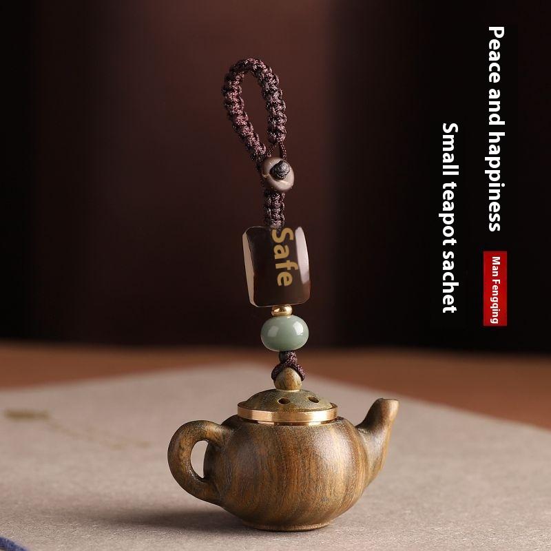 Mini Little Teapot Keychain Waterproof Openable Carved Teapot Pendant Woven Rope Beads Green Sandalwood Phone Chain