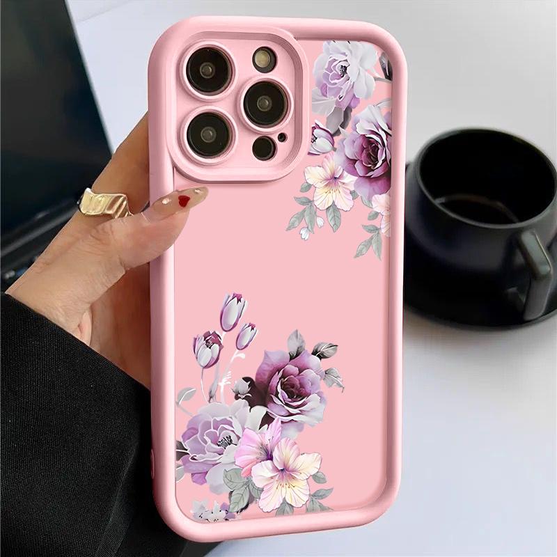 Fashion Floral Pattern Phone Case For iPhone 16 Pro Max 15 Pro 14 Plus 13 12 11 XS 8 7 Lens Protection Soft Shockproof TPU Matte Back Cover