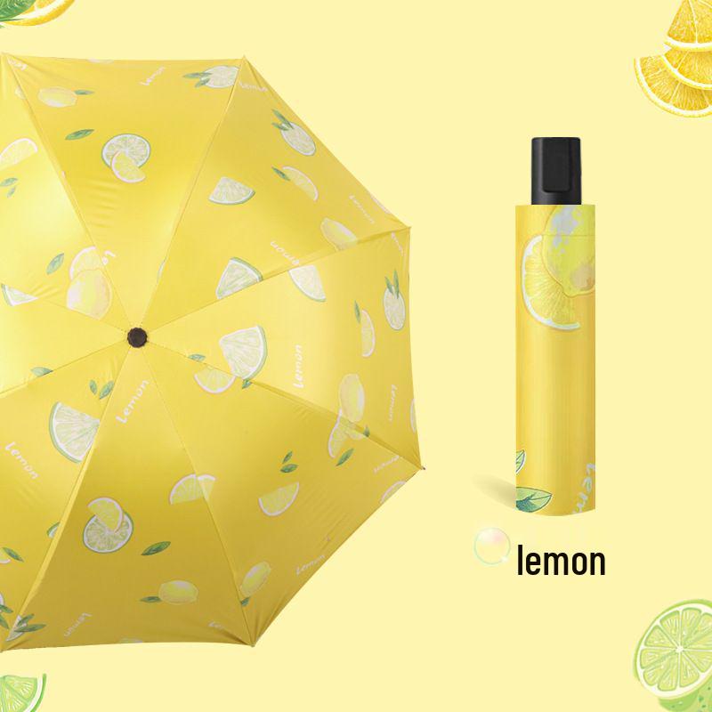 Summer Fresh Fruit Pattern Dual-Use Three-Fold Umbrella for Sun and Rain, Black Glue Design
