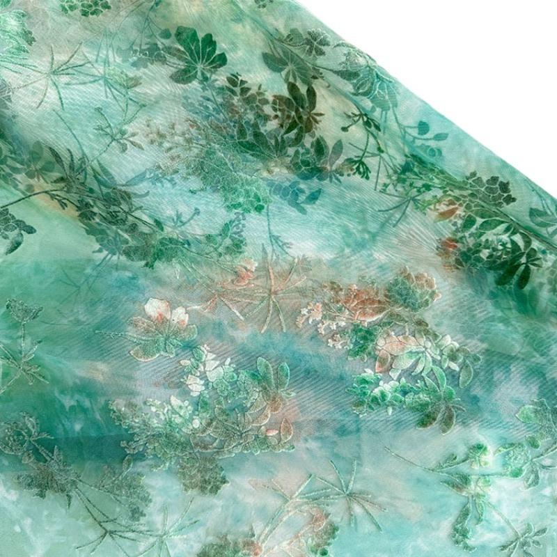 

1yard Green Color Burnout Velour Lace Tie-dye Flocking Fabric African Tulle Jacquard Fabrics for Dress DIY Clothing 1 yard зелений