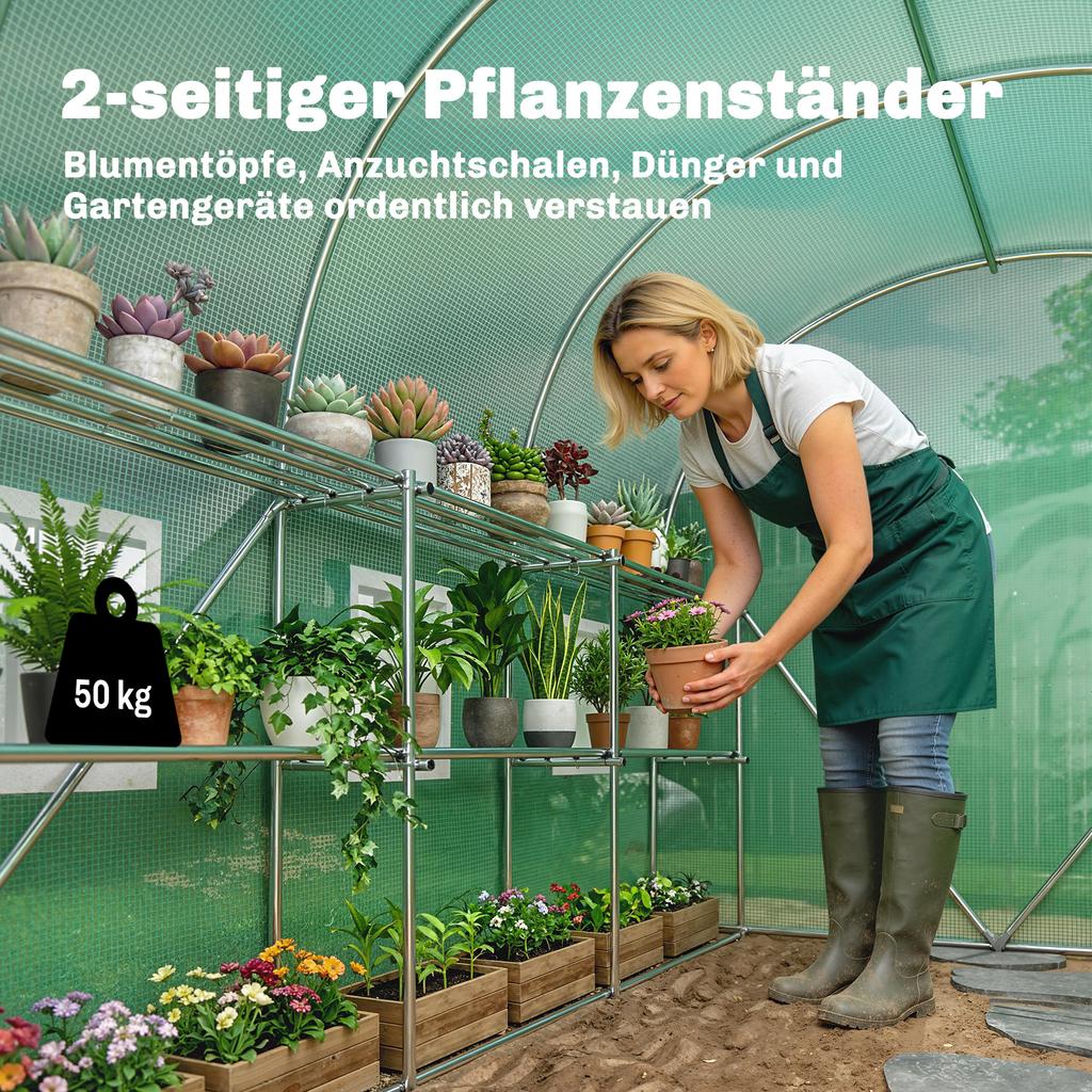 Walk-in Greenhouse with Shelves, Polytunnel Greenhouse with Roll-Up Door, 6 Mesh Windows,198 X 275 X 191 Cm, Green