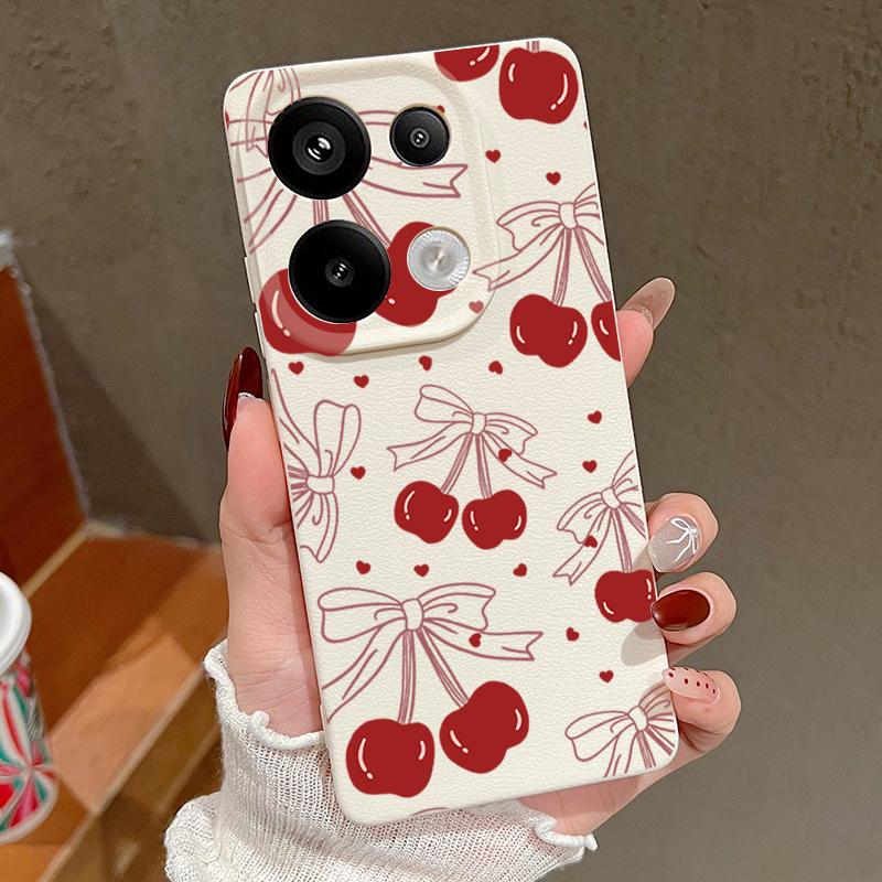 

Тонкий мягкий чехол для телефона с принтом вишневого банта для Xiaomi 13T Pro Poco X7 X6 M6 Redmi 13C Note 14 13 Pro 12 11 матовая кожаная текстура TPU противоударный чехол Xiaomi Poco X6 бежевый/белый