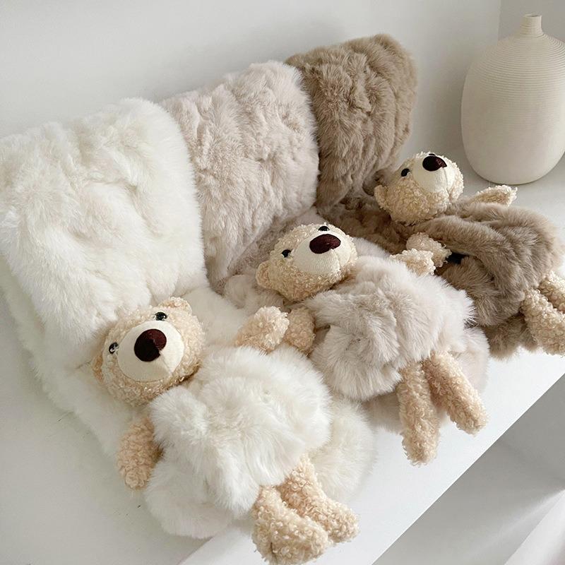 Milk Fufu Cute + Bear Fluffy Scarf Winter Thickened Plush Children's Cartoon Warm Cross Scarf Girl