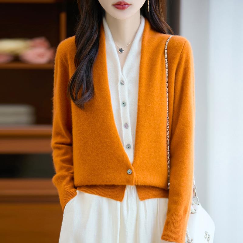 100% Wool Color Block Two-Piece Cardigan - Autumn/Winter Long Sleeve Loose Top for Women
