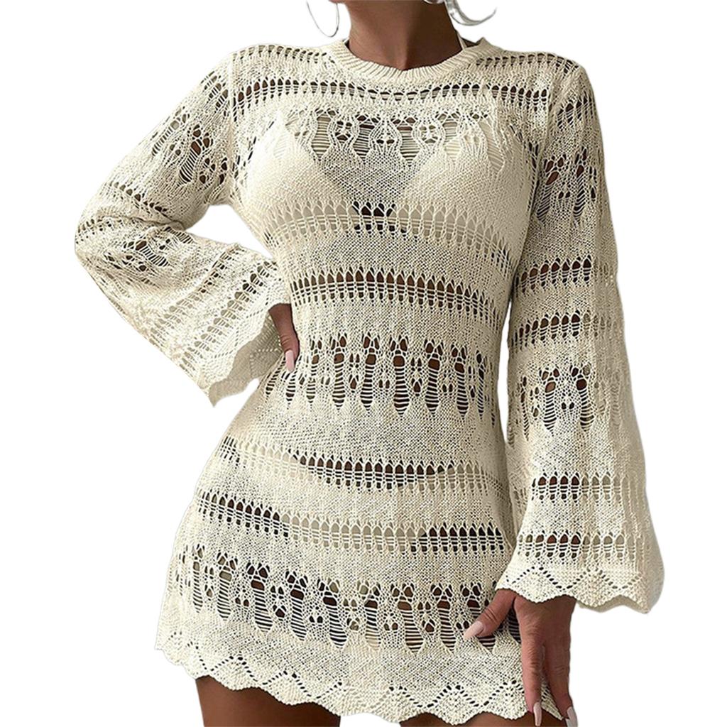 Women Crochet Beach Dress Bathing Suit Cover Up Female Long Sleeves Beach Cover Up Hollow Out Swimsuit Cover Up