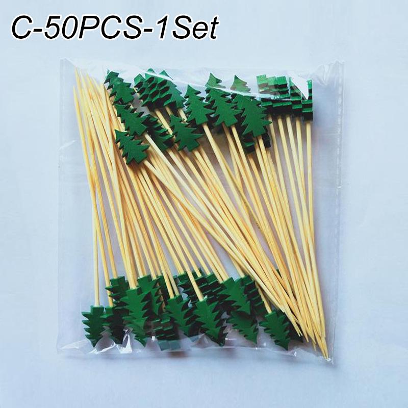 50Pcs/set Christmas Fruit Sticks Disposable Bamboo Sticks Snowflake Christmas Tree Elk Santa Claus Snowman Sticks Xmas Ornaments